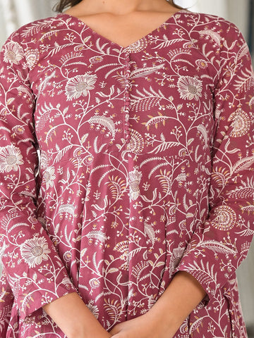 Varanga Women Mauve Floral Printed Full Sleeves Anarkali Kurta With Flared Hem Js Vkur1167